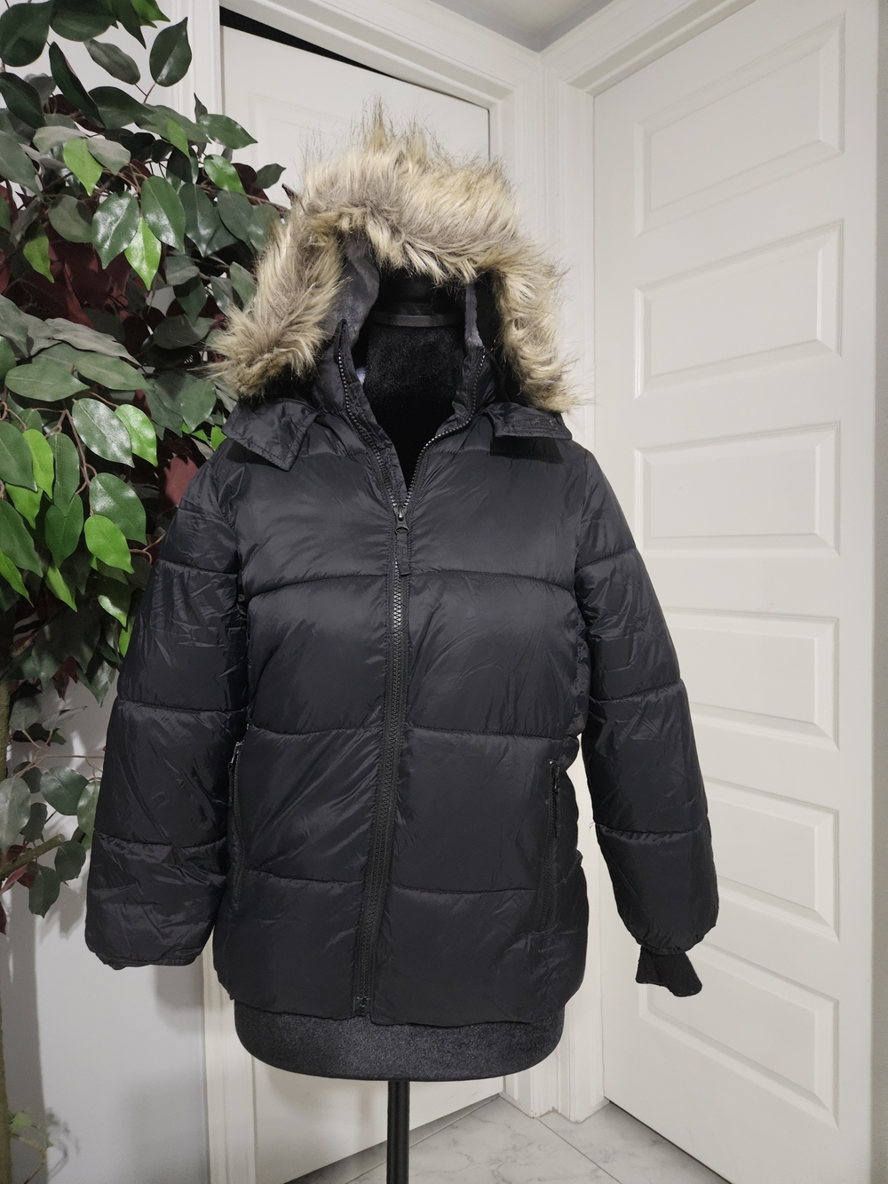 Place Black Puffer Jacket with Faux Fur Trim Hood